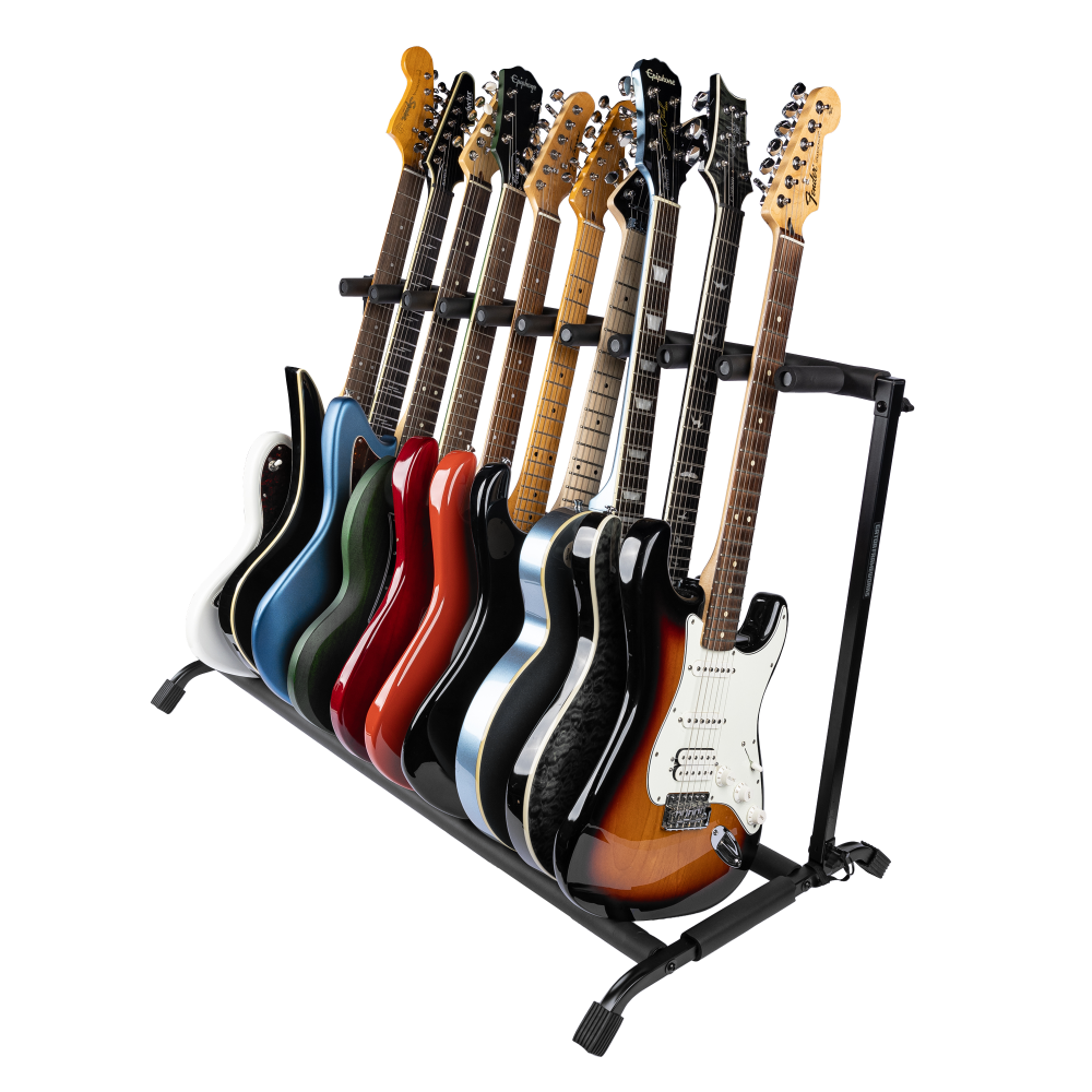 Rok-It 10'lu katlanır gitar rack'inde duran elektro ve bas gitarlar