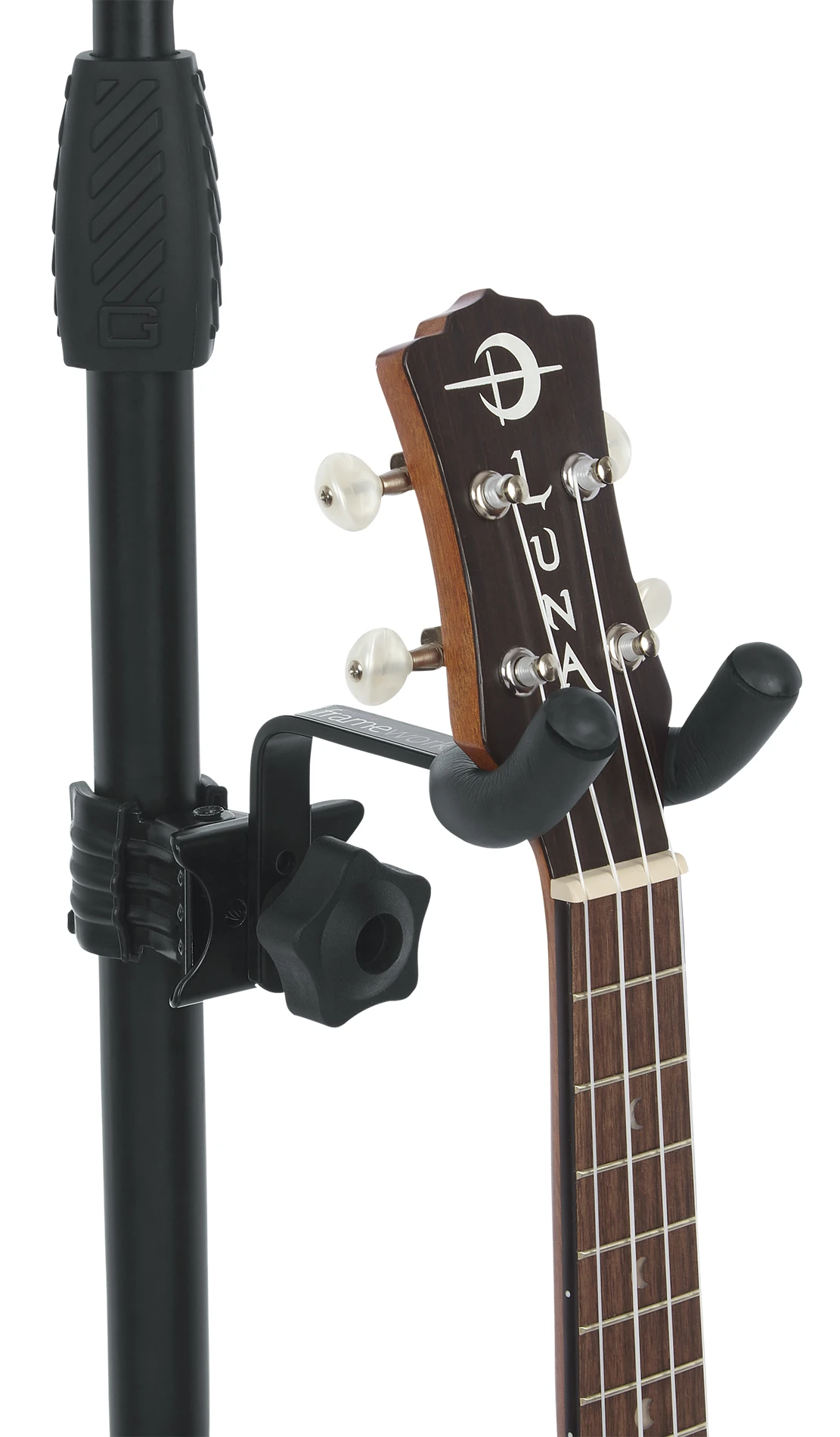 Mikrofon standına takılı Frameworks askıda duran ukulele