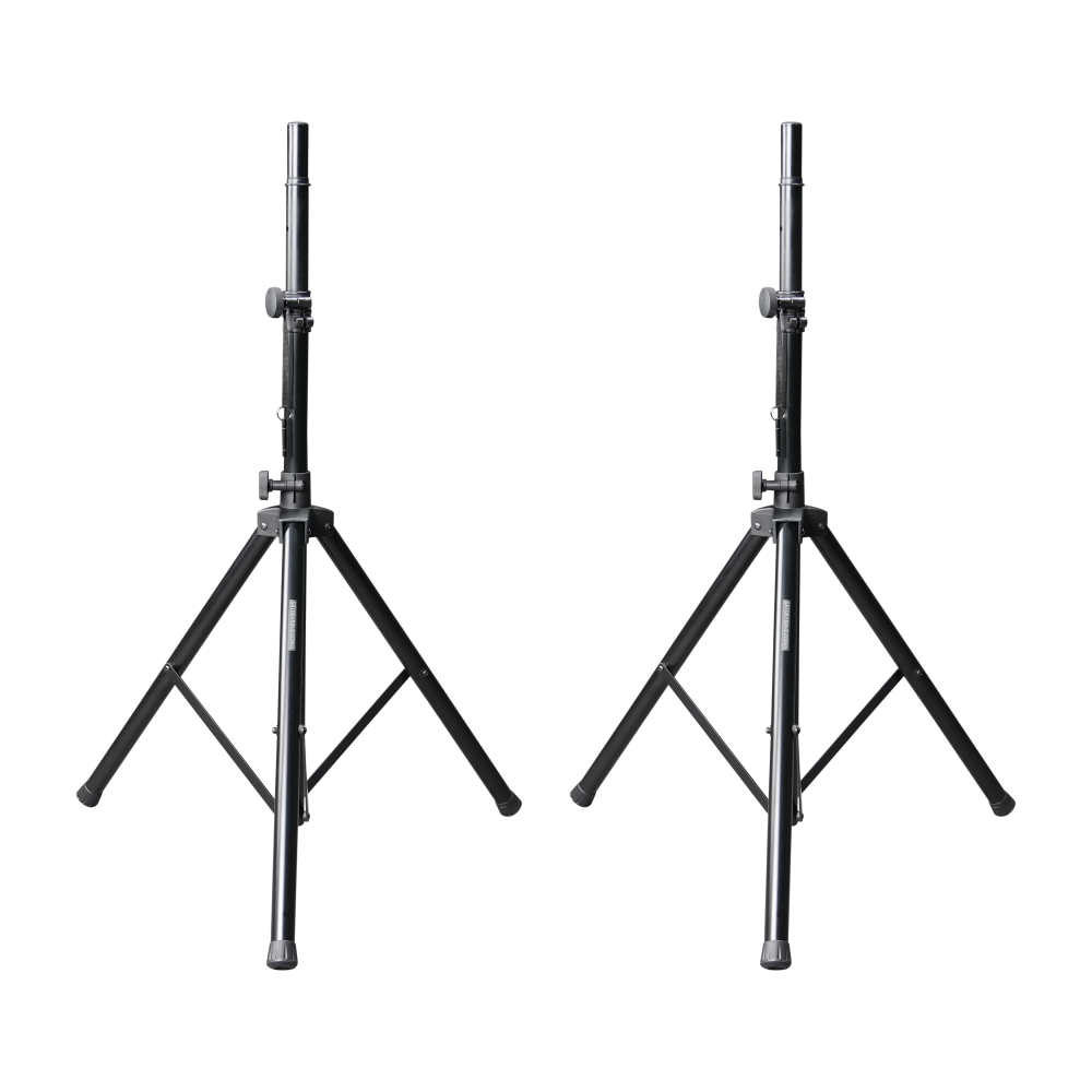 Yan yana açılmış iki alüminyum tripod hoparlör standı