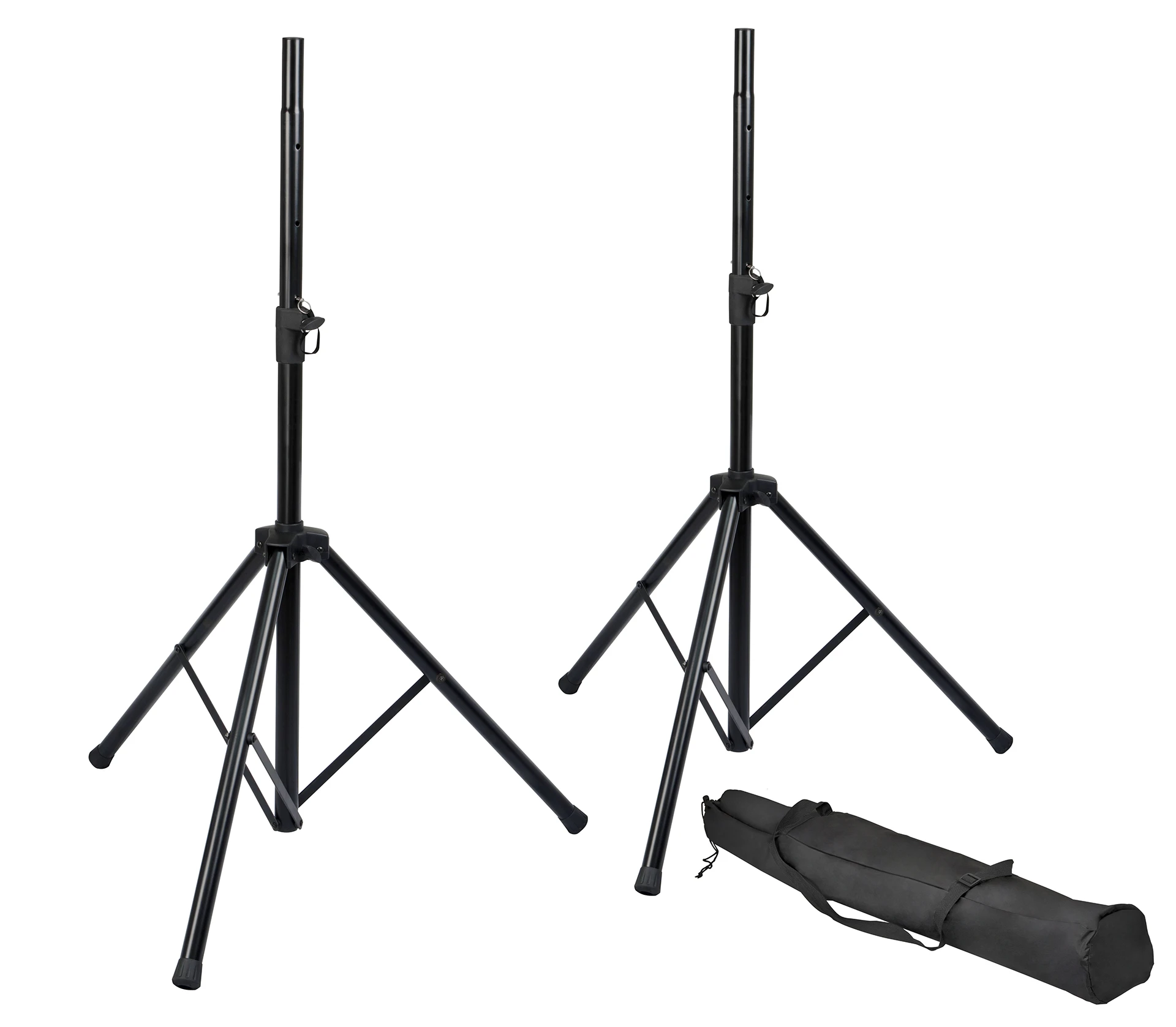 İki tripod hoparlör standı ve taşıma çantası