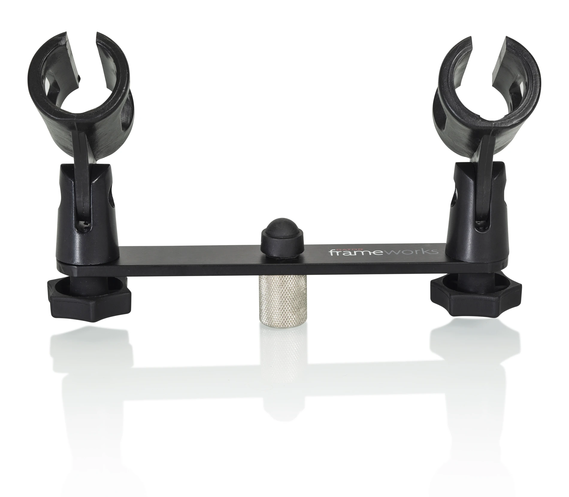 İki mikrofon tutucu takılı Frameworks stereo montaj barı