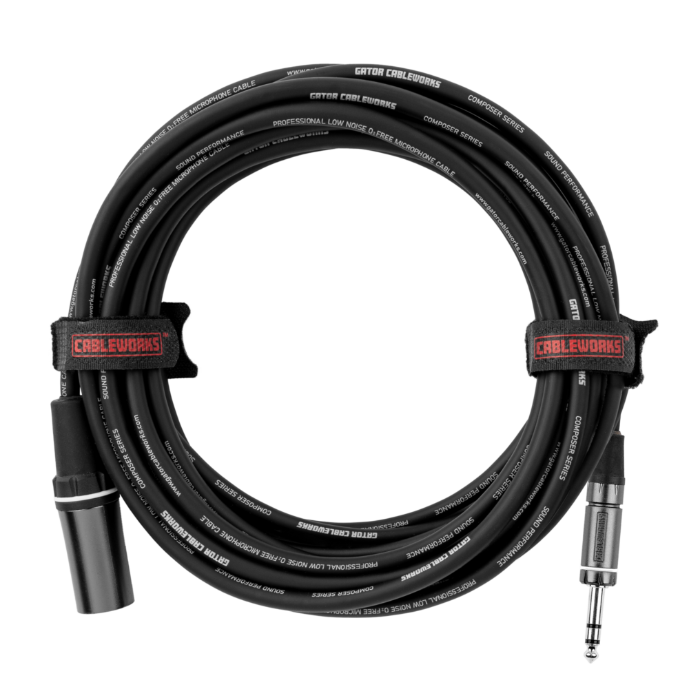 Gator Cableworks Composer Series XLR erkek – TRS erkek kablo, iki Cableworks cırt bağ ile sarılı