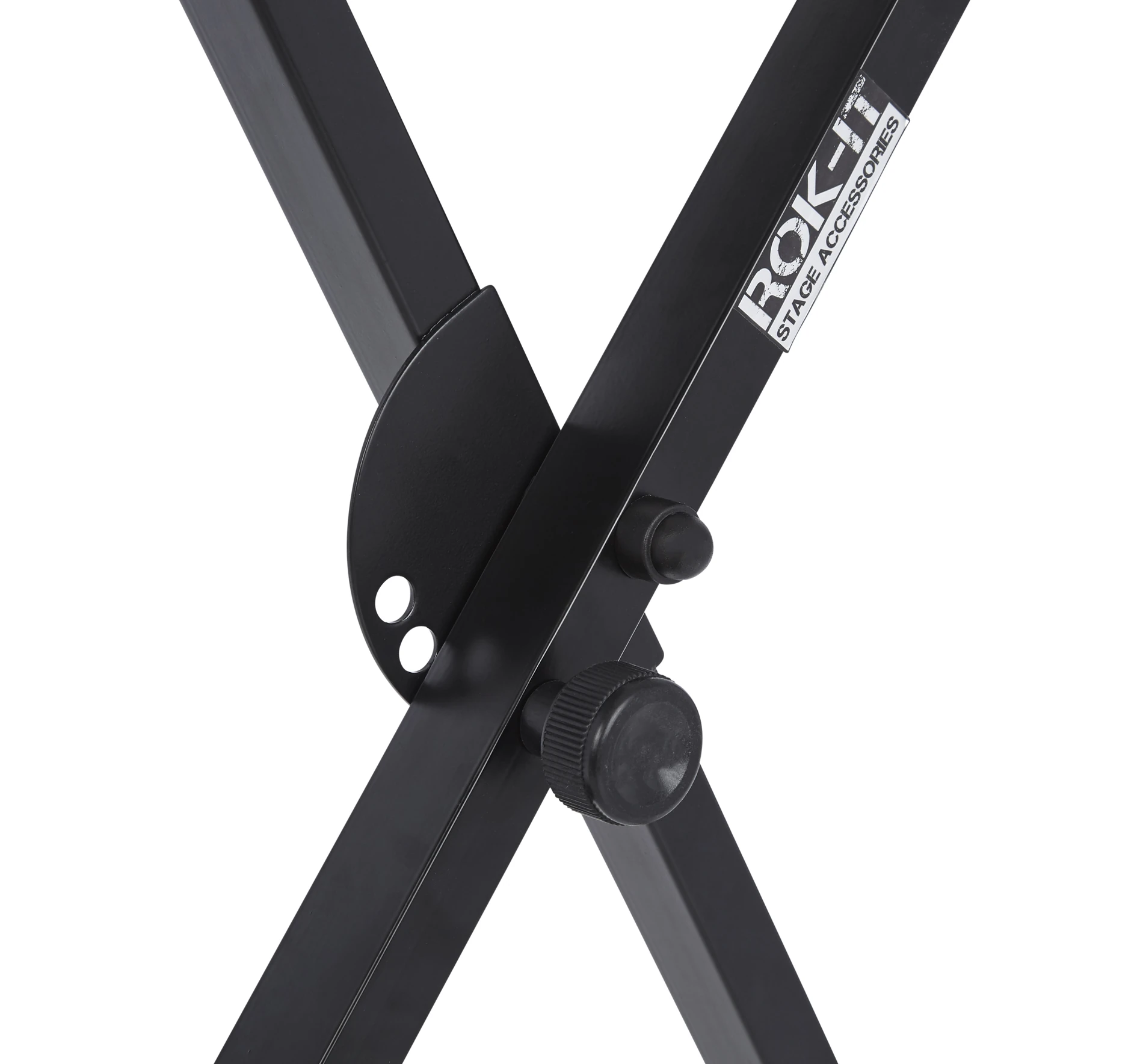 Rok-It X tipi klavye standının siyah metal X gövdesi ve Rok-It logolu çapraz bağlantısı