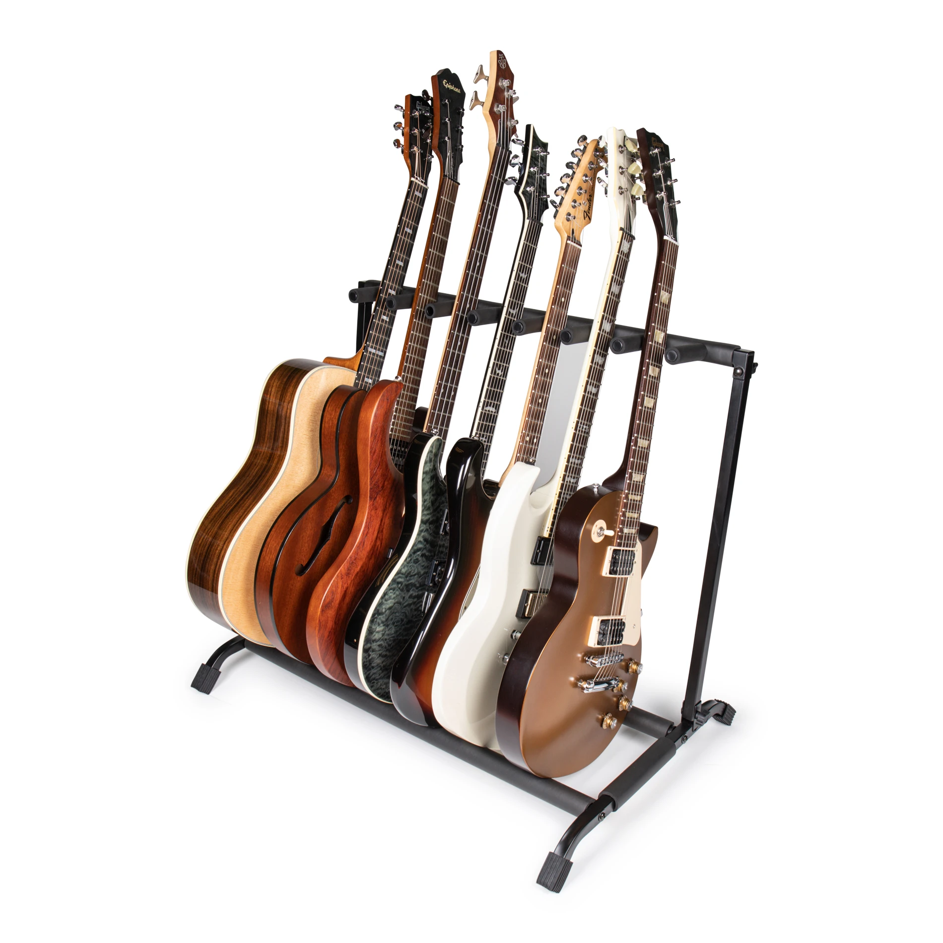 Yedi gitar taşıyan Rok-It 7'li katlanır gitar standı